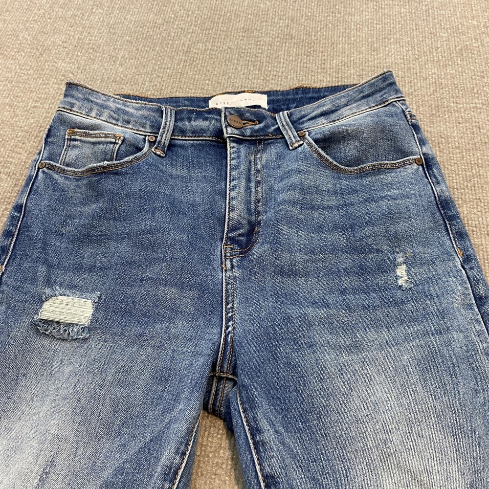 Risen Flare Jeans Womens 7/28 Blue Med Wash Mid Rise Distressed Fringe Hem - Picture 2 of 13
